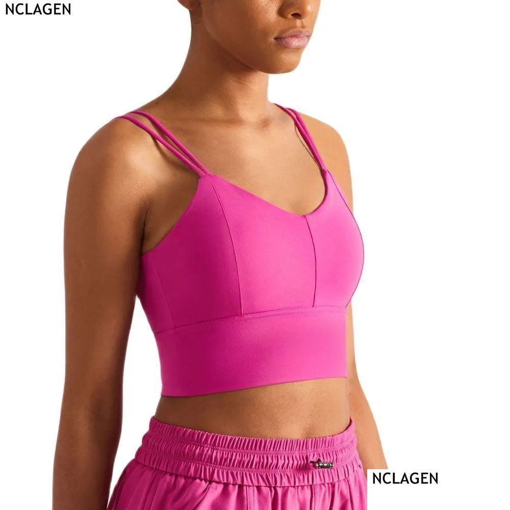 set NCLAGEN Sport Bra Women High Support Pushup Padded Crop Top Thin Shoulder Strap Gym Underwear Workout Fitness Running Brassiere