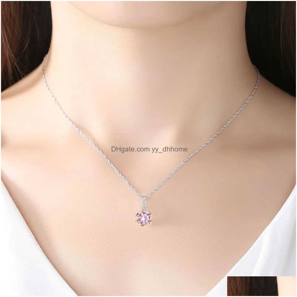 korea sweet style colorful gemstone s925 silver pendant necklace fashion women shiny zircon rose gold clavicalis chain necklace