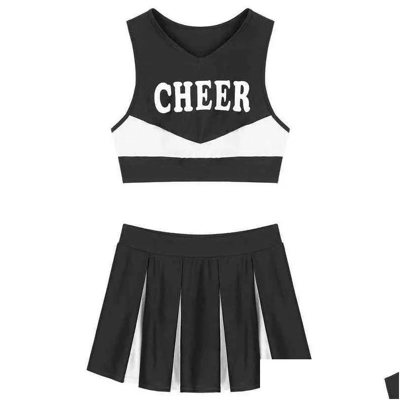 Womens Tracksuits Cheerleading Uniform Dance Come V Neck Sleeveless Crop Top With Pleated Skirt School Girls Cheerleader Cosplay Out Dhz9M