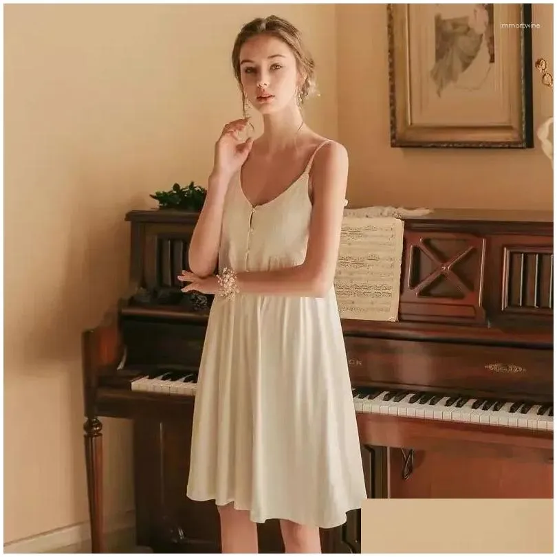 Women`s Sleepwear With Chest Pads Elegant Nightgown Women Summer Thin Pajamas Sexy Sling Cotton Casual Comfortable Homewear Dresses