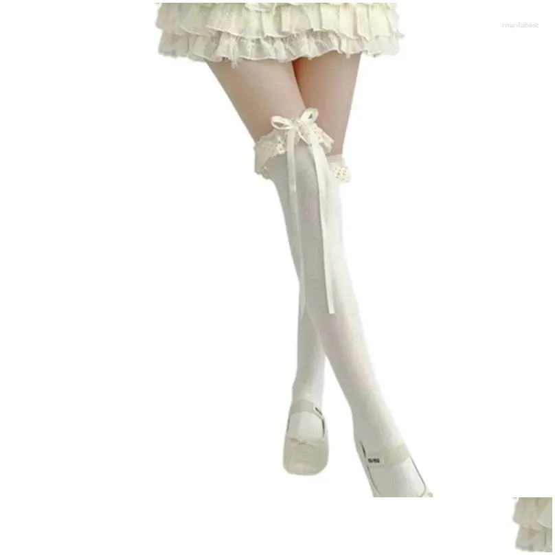 Women Socks Ballet Bow Bandage Over Knee Stockings Lace Frilly Thigh High Student Girls Tube For Womens