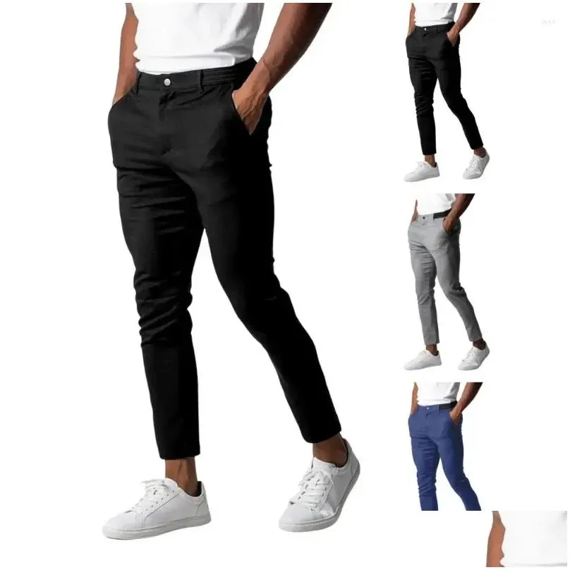 Men`s Pants Men Casual Trousers Breathable Elegant Slim Fit Business With Elastic Waist Button Closure For Work