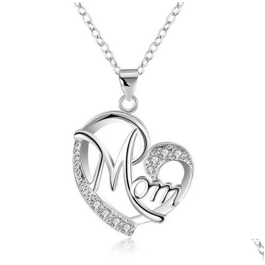 Pendant Necklaces Fashion Letter Mom Heart Shape Inlaid Crystal Necklace Mothers Day Gift High Quality Jewelry Wholesale Lots Bk 7 Col