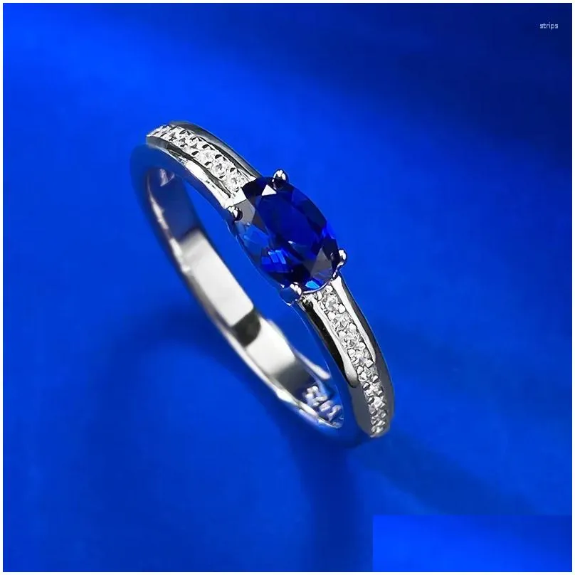 Cluster Rings S925 Silver Sapphire 4 6 Oval Ring For Women`s Daily Exquisite Fashion Versatile INS