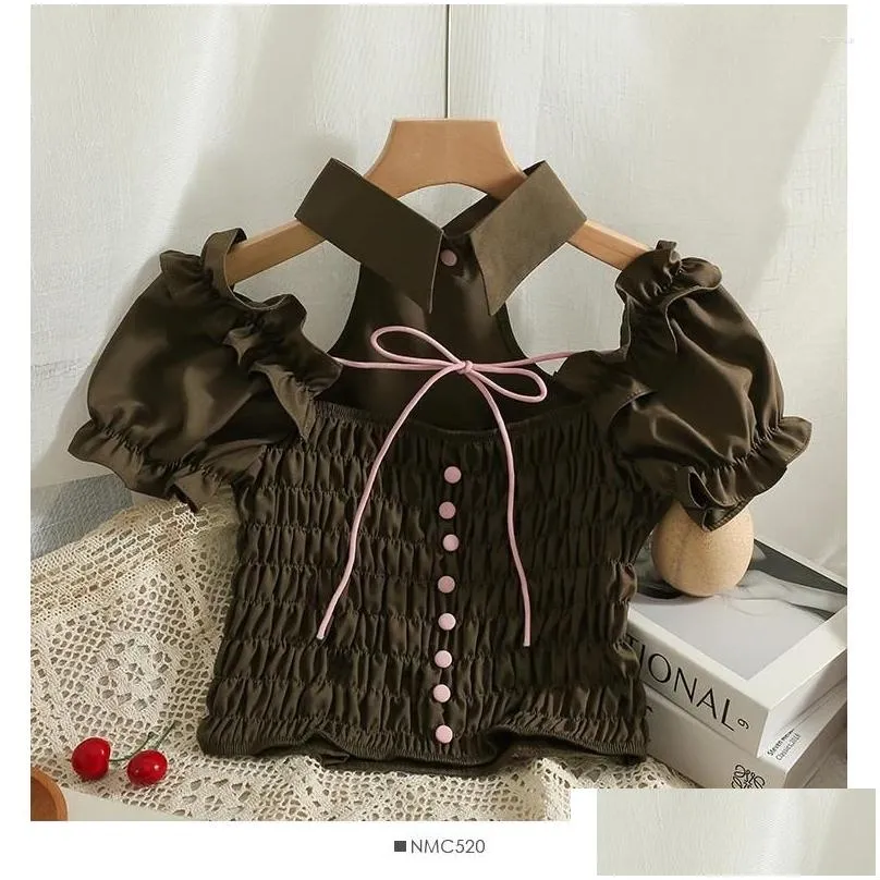 Women`s Blouses Sexy Pleated Bow Lace-up Short Sleeve Slim Blouse Elegant French Fashion Off Crop Top Shirt Summer Women Clothing