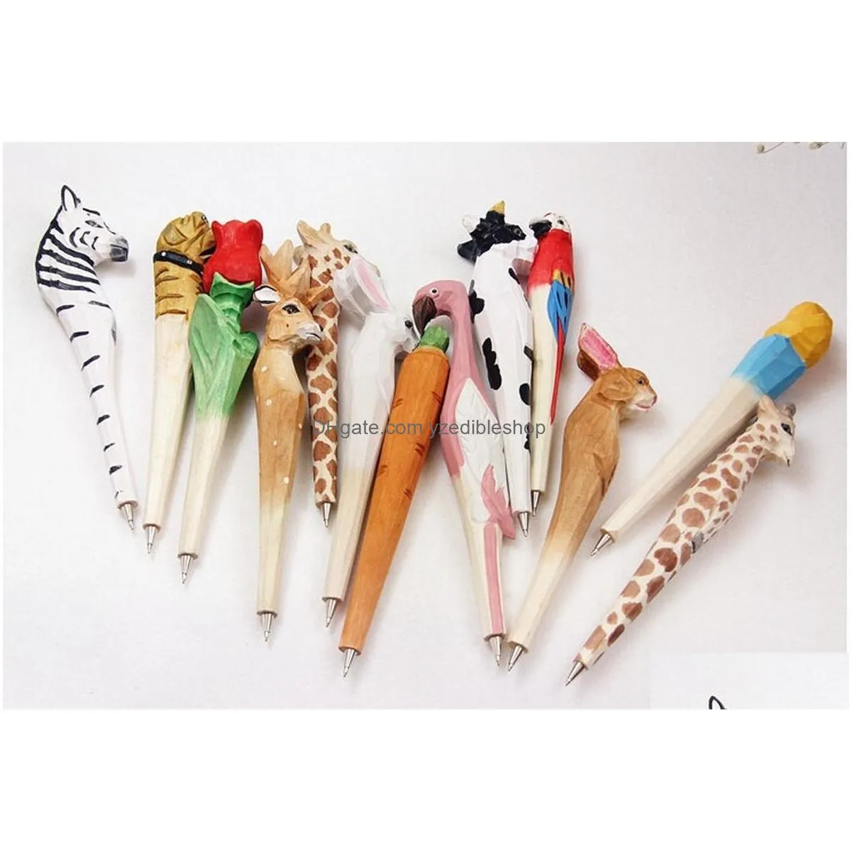 200pcs/sets handmade ballpoint pen lovely artificial wood carving animal ball pen creative arts blue pens gift many color