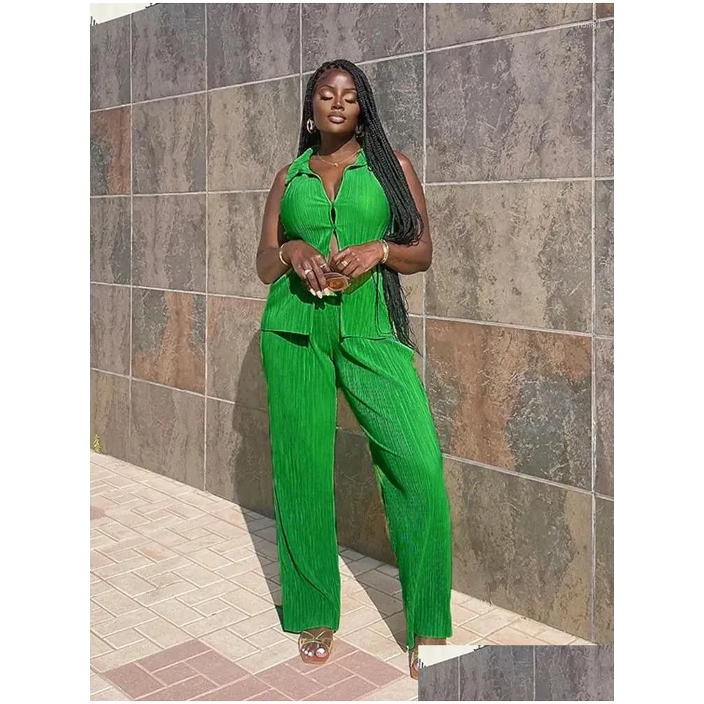 Women`s Two Piece Pants Hirigin Women Elegant Pleated Set Loose Sleeveless Blouses And High Waist Wide Leg Suit Female Casual Outfits