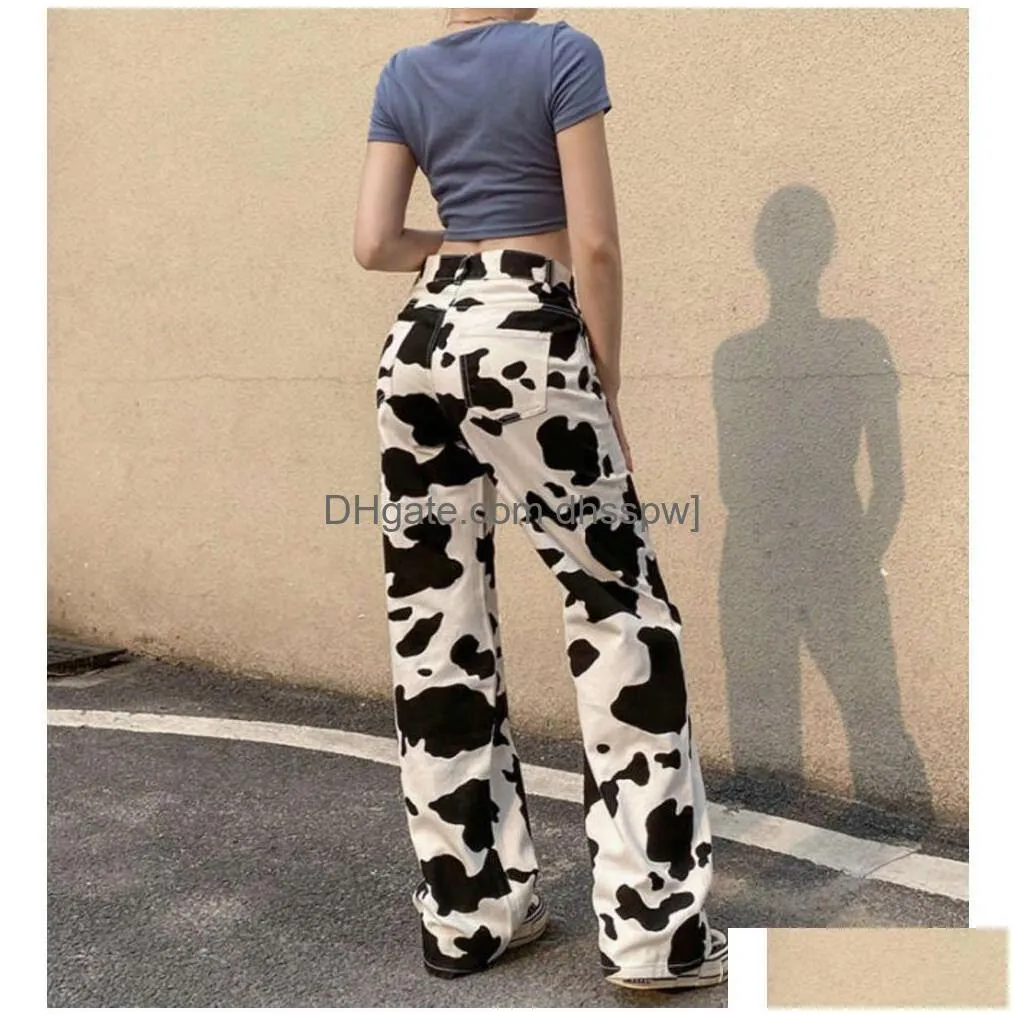 street style womens clothing 2024 summer trendy brand cow print high waisted straight leg casual jeans and floor mop pants