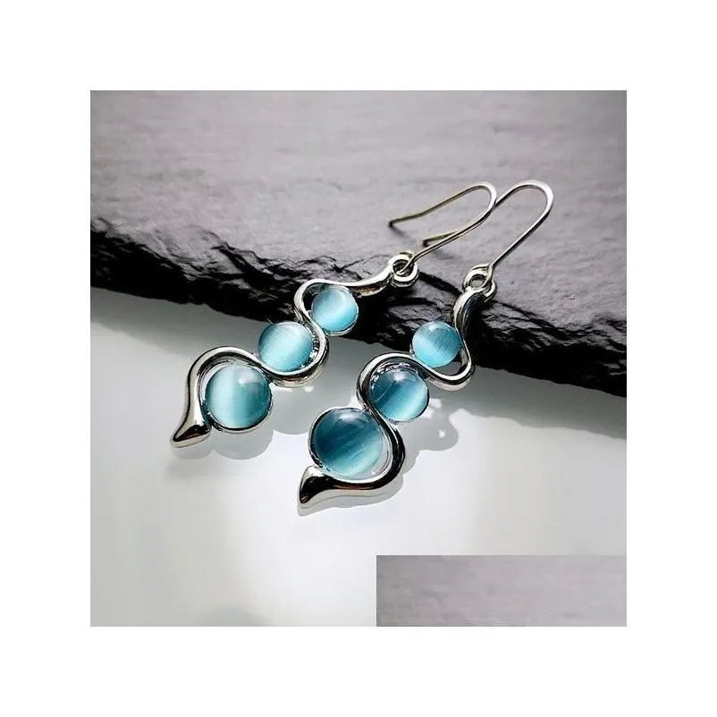 bohemian 925 sterling silver water drop gemstone women blue sapphire wave long earrings dangle hoop opal earrings