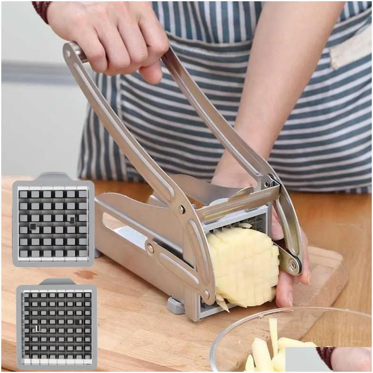 Fruit Vegetable Tools Stainless Steel French Fry Cutter Potato Slicer Multifunction Chopper with 2 Blades for Tomato Cooking 230728