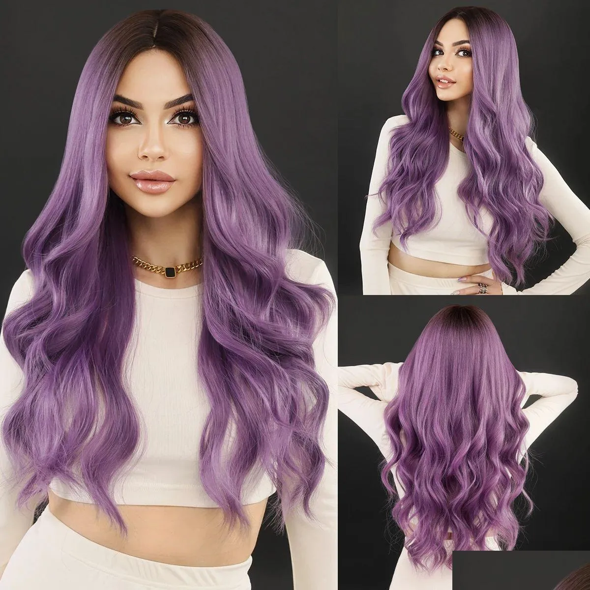 Wigs NAMM Long Wavy Purple Hair Wig for Women Cosplay Daily Party Synthetic Wig with Bangs Natural Lavender Lolita Wig Heat Resistant