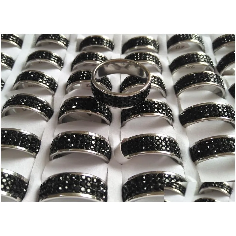 20pcs luxury black zircon stainless steel cz ring men women 3 row 5 row crystal stone wedding engagement trendy ring wholesale hot