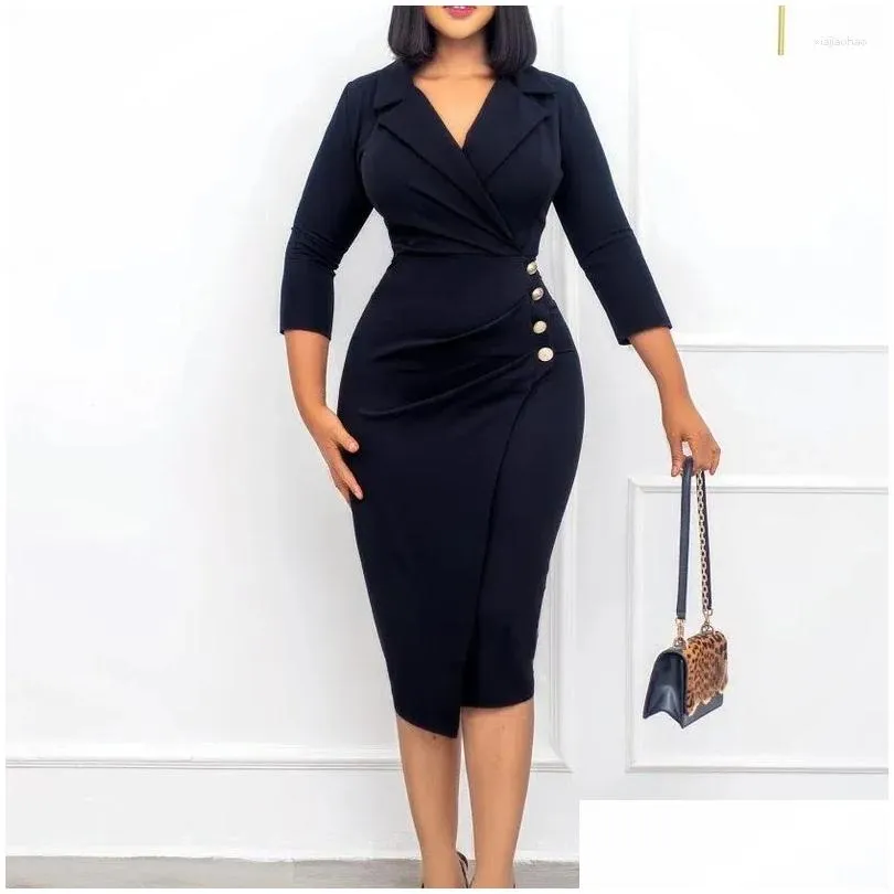 Plus Size Dresses Women Elegant Bodycon Button Three Quater Sleeves Classy Modext Office Ladies African Female Party Robes