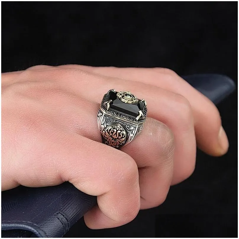 vintage turkish signet ring for men women antique silver color carved  ring inlaid green zircon locomotive punk jewlry