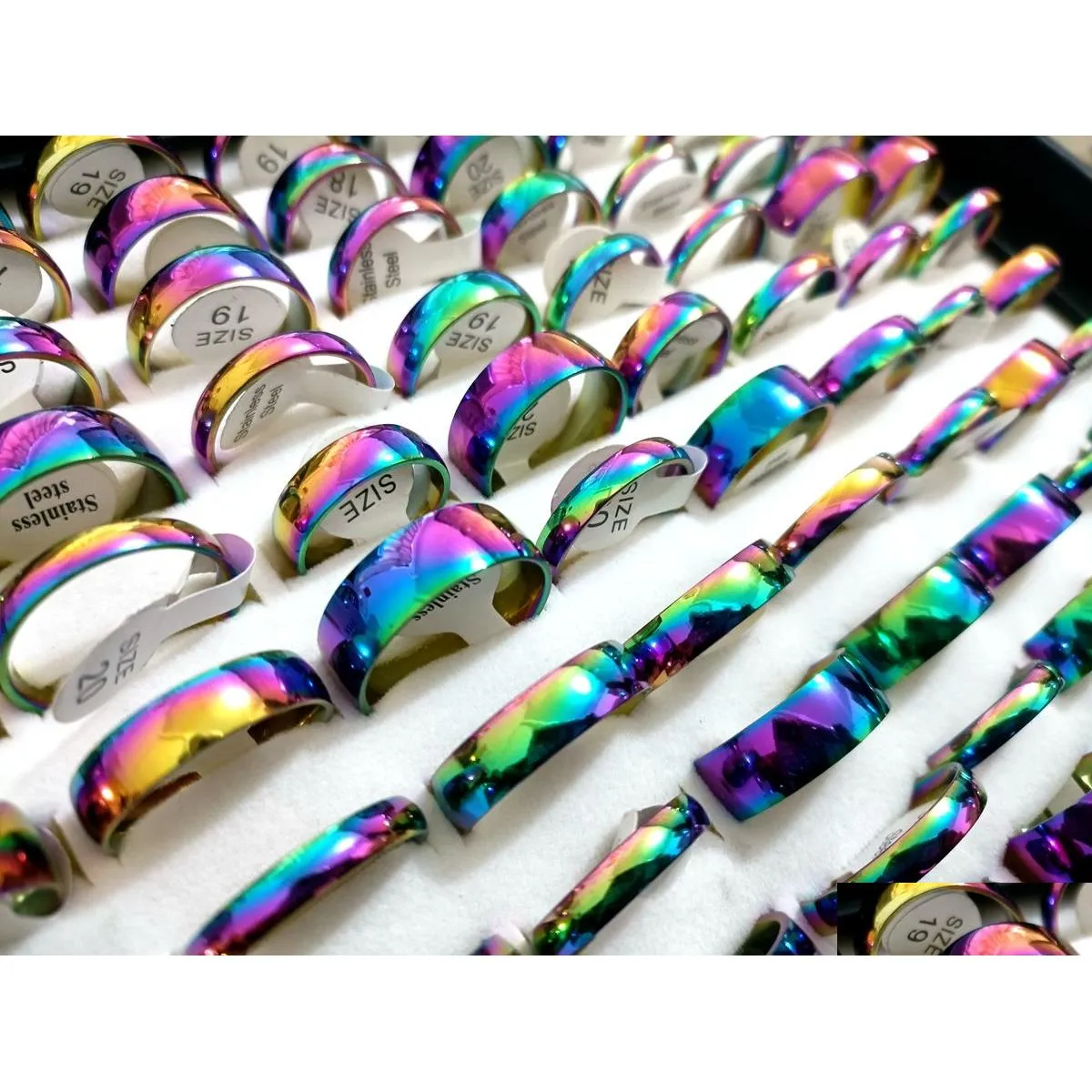 100pcs shiny rainbow color 4 6 8mm band comfort-fit quality men women stainless steel wedding rings wholesale trendy jewelry bulk lot