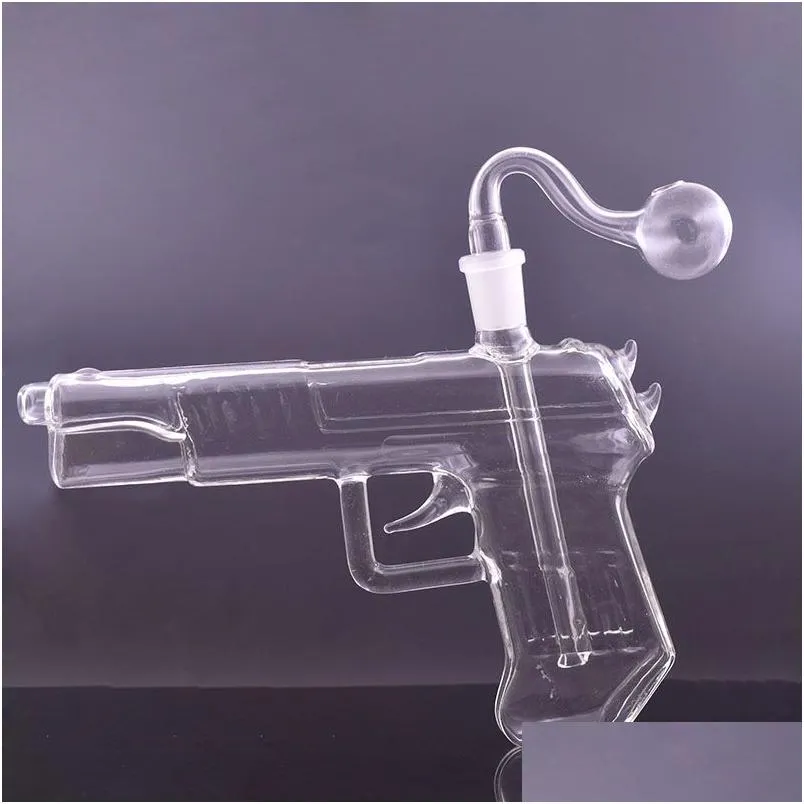 Unique Gun Shape Glass Beaker Bong 8inch 14mm Female Heady Bong Dab Rig Bubbler Water Pipe Hookah for Smoke Dry Herb Wax Vap with Male Glass Oil Burner