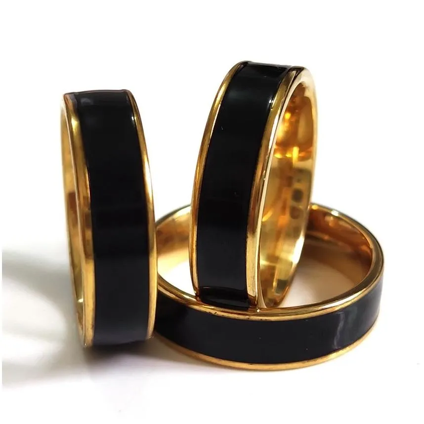 30pcs high polished quality black enamel 6mm stainless steel gold band wedding rings for men & women elegant classic jewelry