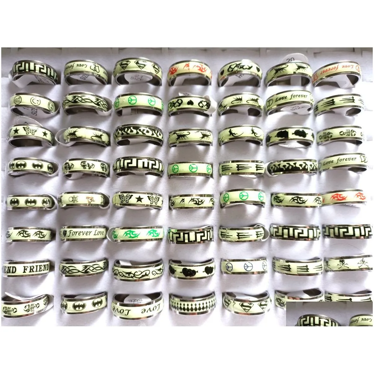 50pcs top design mix luminous ring 6mm growing in the dark silver stainless steel rings for men women party friend