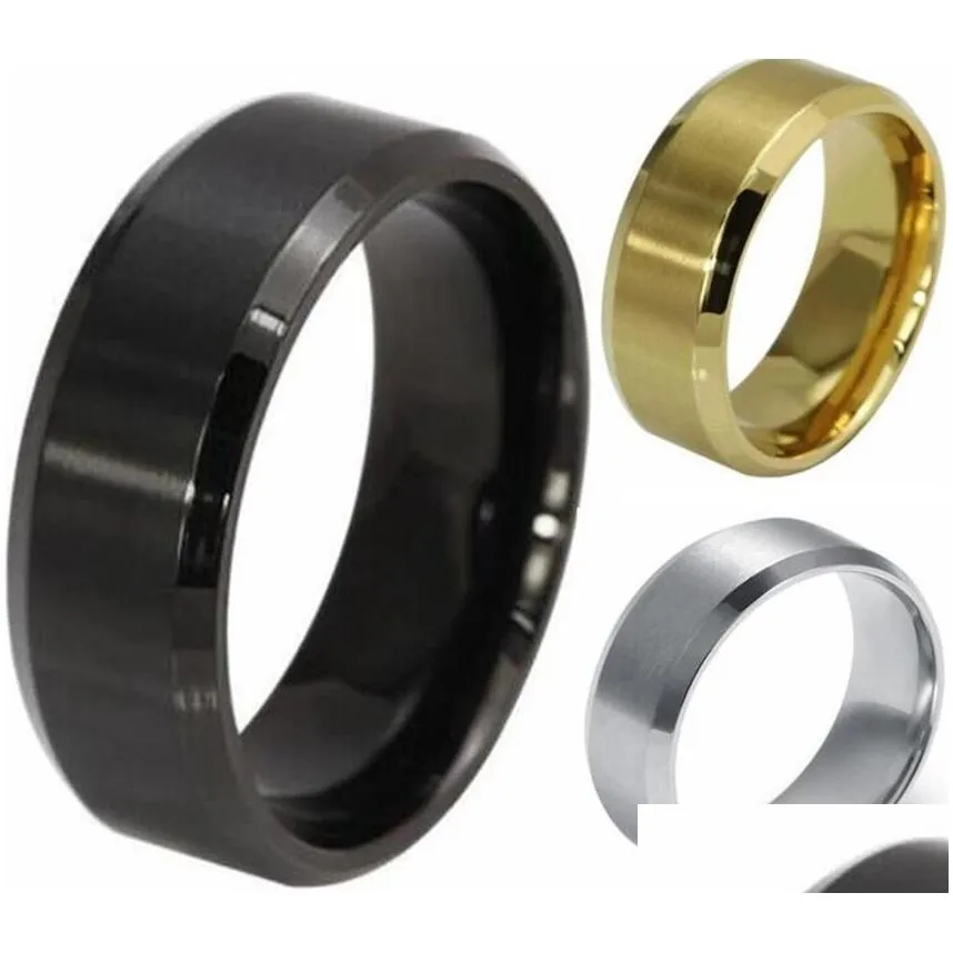 50pcs black gold silver beveled edges comfort-fit 8mm band stainless steel wedding rings mens party ring wholesale fashion jewelry