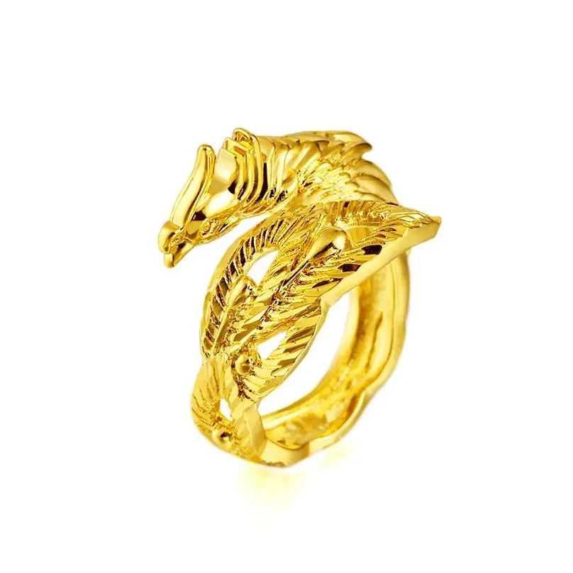 18k golden clan wind dragon and phoenix couple ring open male and female jewelry