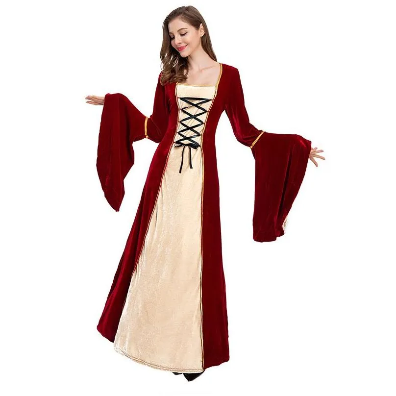 Elegant Theme Costume for Drama Stage European and American Retro Style Medieval Dress with Tie Waist and Luxurious Gold Diamond