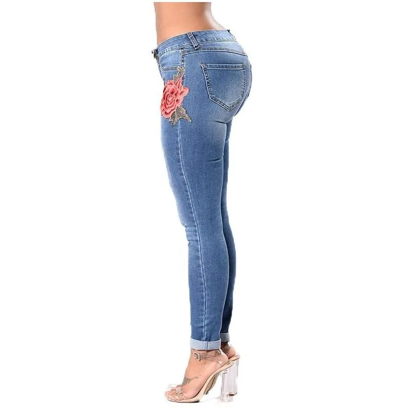 Women`S Jeans Womens Skinny Woman Embroidery Flower Hole Ripped Slim Denim Pants Women Elastic High Waist Pencil Tall Trousers Jeggin Dh4Zh