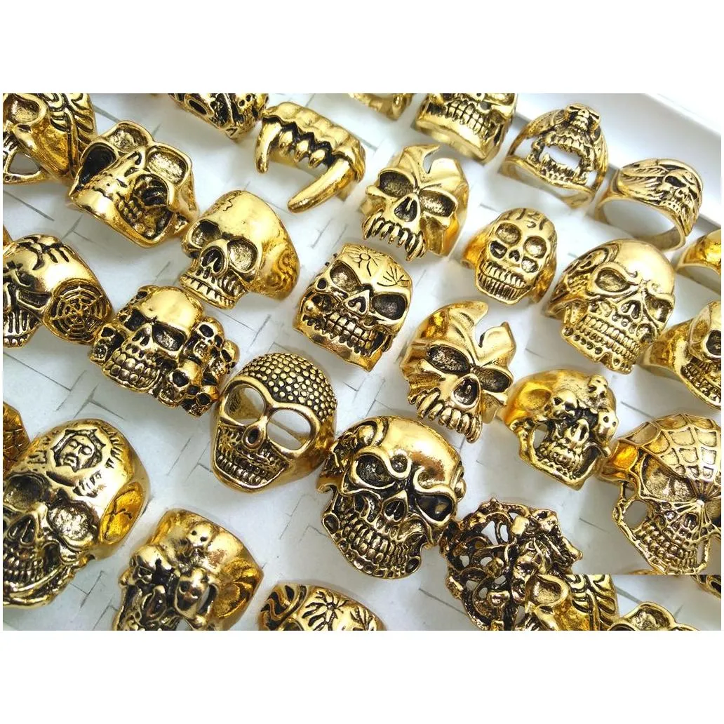 50pcs top mix gold big skull skeleton gothic rings men`s biker punk rings wholesale fashoin jewelry lots