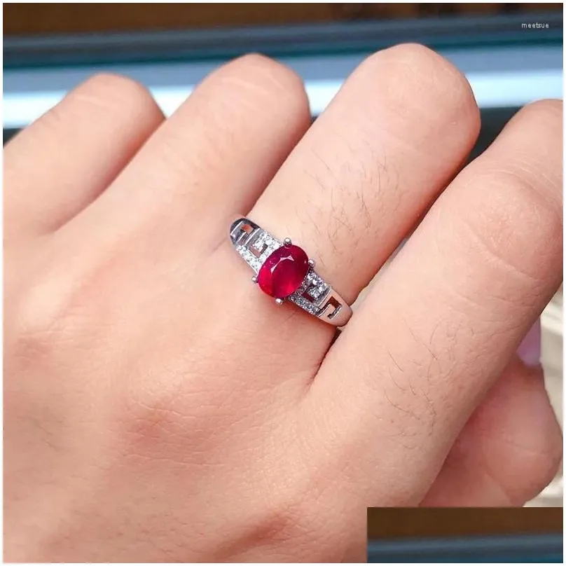 Cluster Rings 1 Ruby 7x5mm Style 925 Sterling Silver Ring For Women Adjustable Size With Certificate