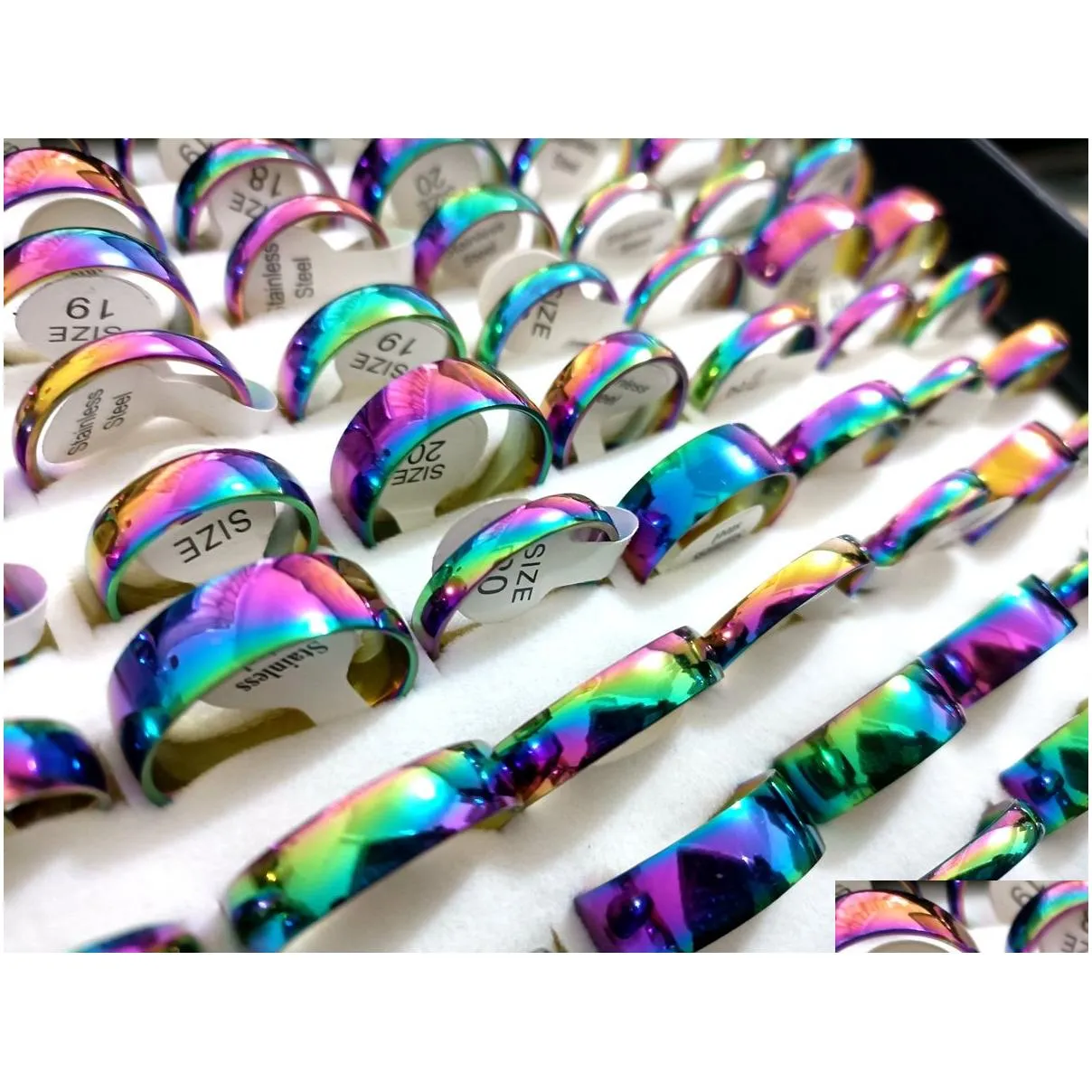 100pcs shiny rainbow color 4 6 8mm band comfort-fit quality men women stainless steel wedding rings wholesale trendy jewelry bulk lot