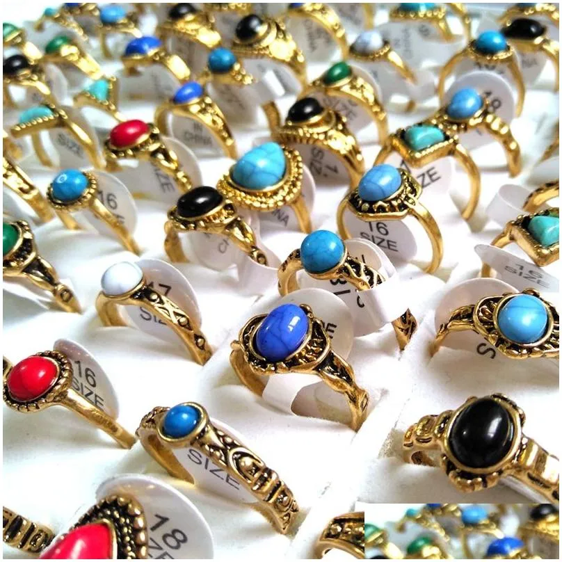 30pcs wholesale mixed turquoise female women girls rings cool rings unique fashion gold vintage retro jewelry