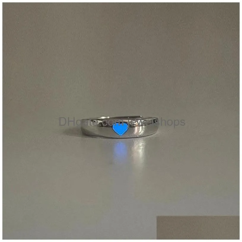 luminous love heart ring glow in dark fashion adjustable couples rings silver color pink blue light jewelry gift for lover