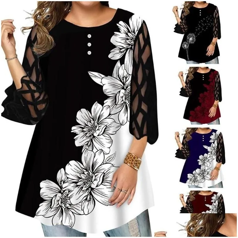 Women`s Plus Size T-Shirt Blouse Women 2022 Autumn Three Quarter Mesh Sleeve Printed Elegant Tunic Tops Loose Oversized Ladies Shirt