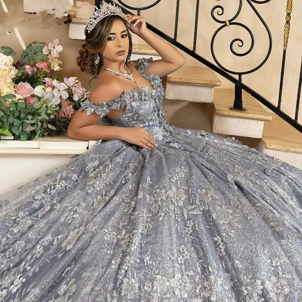 Gray Sparkly Crystal Sequined Lace Quinceanera Dresses Ball Gown Off The Shoulder 3D Flowers Appliques Lace Sweet 15 Birthday