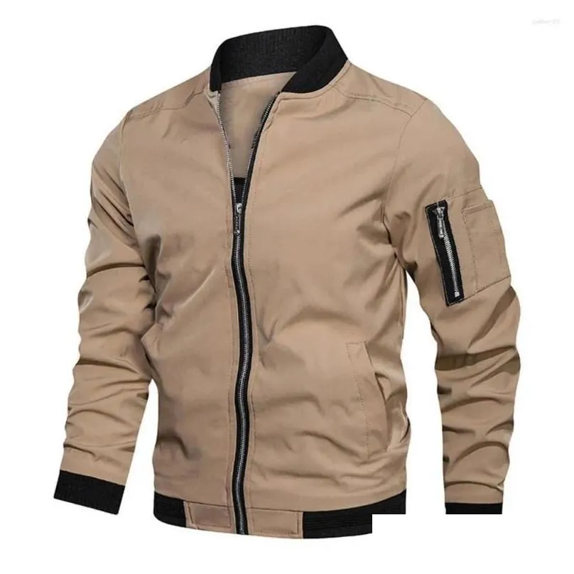 Men`s Jackets Versatile Jacket Men Solid Color Stand Collar With Ribbed Cuffs Pockets Zipper Placket Autumn For Business