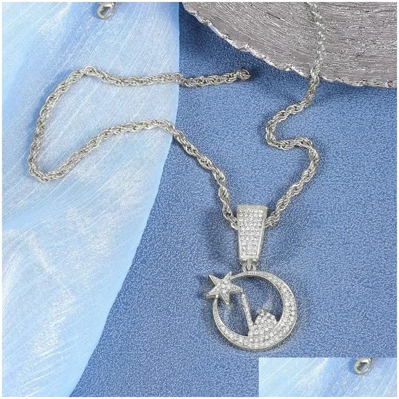 Pendant Necklaces Unisex Glamorous Hip Hop Moon Lighthouse Star Necklace Matching With 4mm Wide Rope Chain Or Tennis For Fashion Jew