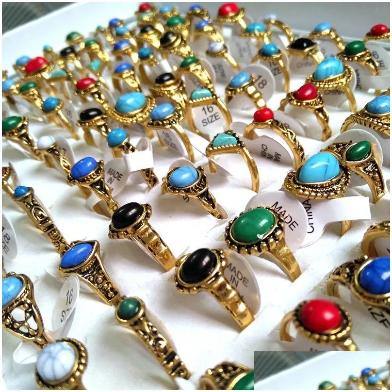 30pcs wholesale mixed turquoise female women girls rings cool rings unique fashion gold vintage retro jewelry