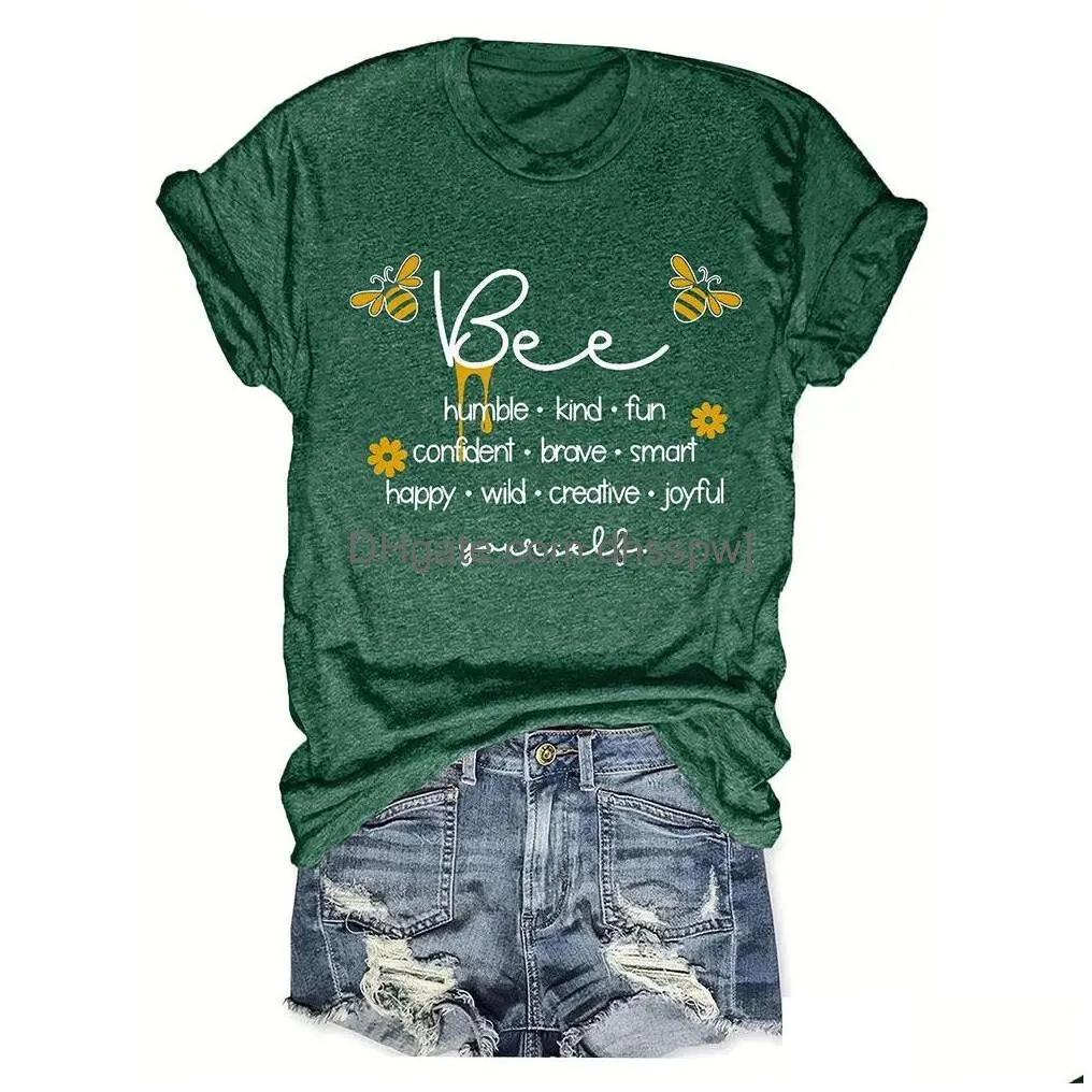bee letter printing casual loose round neck short sleeve t-shirt womens top