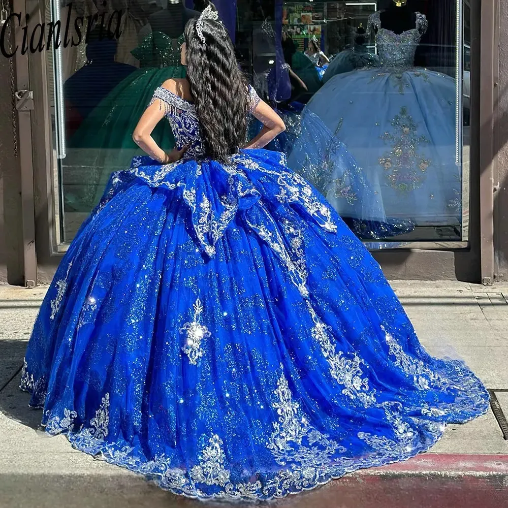 Royal Blue Beading Tassel Ruffles Quinceanera Dresses Ball Gown Off The Shoulder Appliques Lace Princess for Sweet 15 Birthday Party Gowns