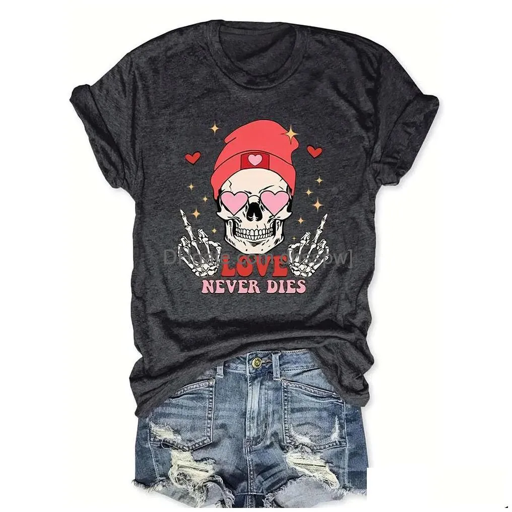 womens skull love valentines day casual loose round neck short sleeve t-shirt top