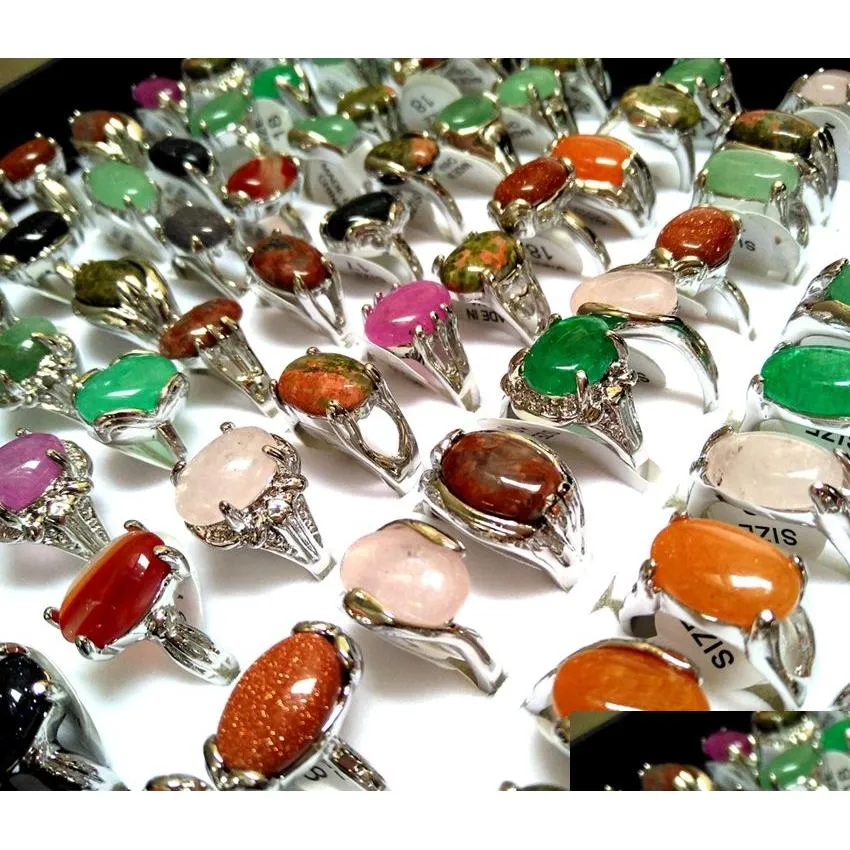 wholesale 50pcs top mix colorful natural stone rings women ladies crystal charm elegant ring fashion rhinestone ring xmas jewelry
