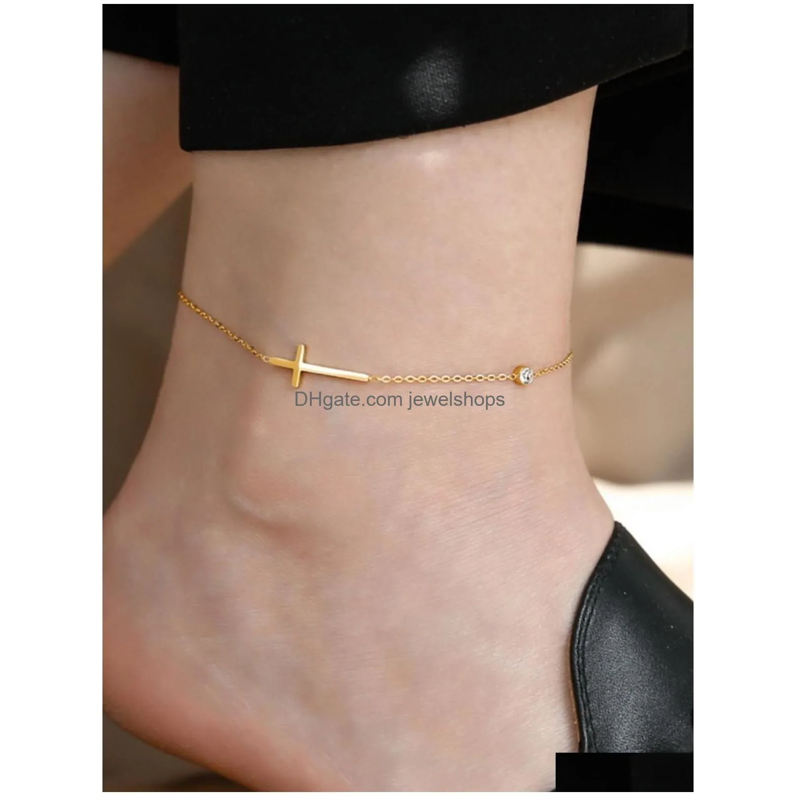 ins 18k gold cross crystal anklet chain for womens summer jewelry