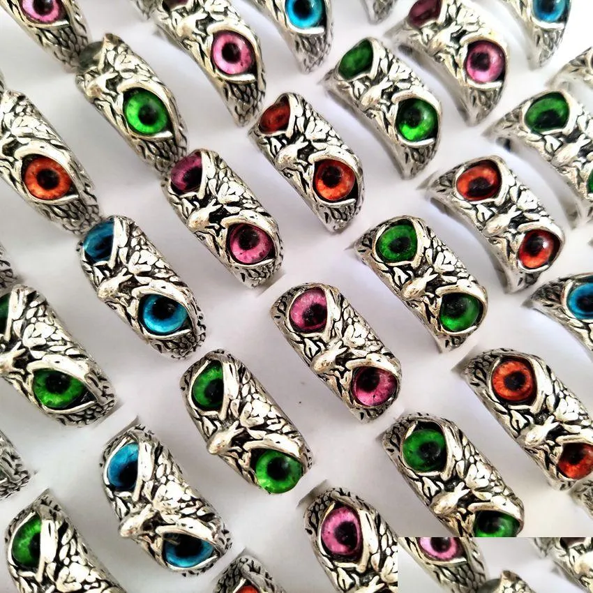 30pcs/lot new retro cute men and women charm punk owl ring vintage multi-color eyes creative jewelry party gift favor