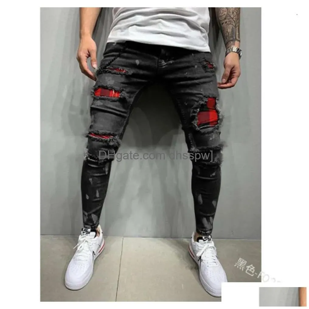 2024 spring festival does not close. mens distressed printed withes and elastic small leg jeans