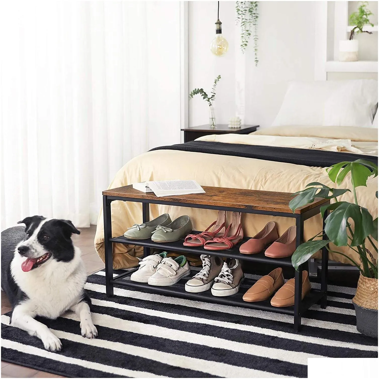 Shoe Bench Shoe Rack with 2 Mesh Shelves Shoe Storage Organizer for Entryway Hall Metal2264100
