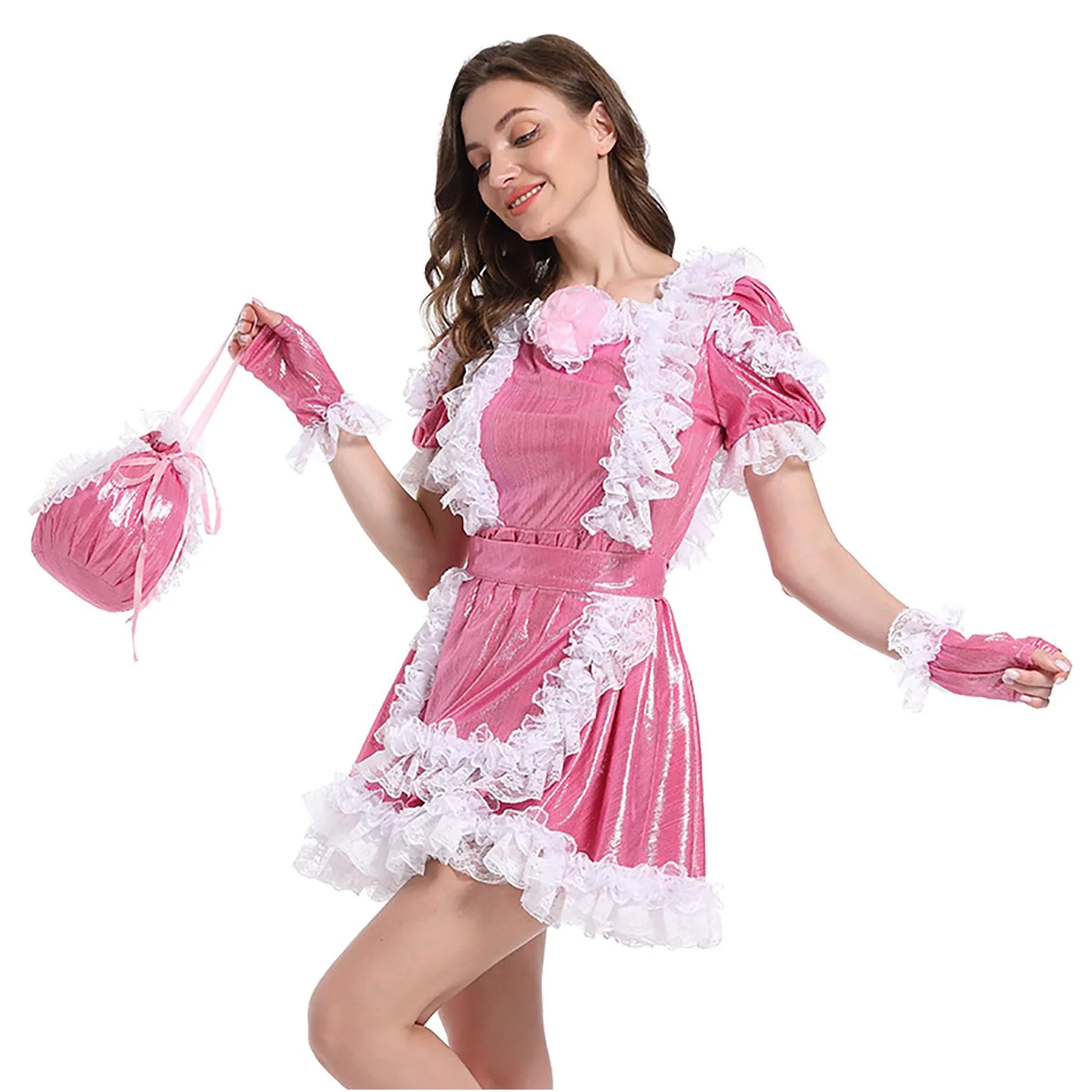 Women Sissy Maid Metallic Satin Flower Puffy Dress Costume Crossdress