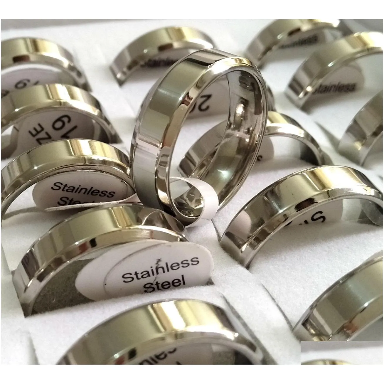 30pcs comfort-fit gold silver black 6mm width shiny mirror finish surface stainless steel band wedding ring trendy classic jewelry