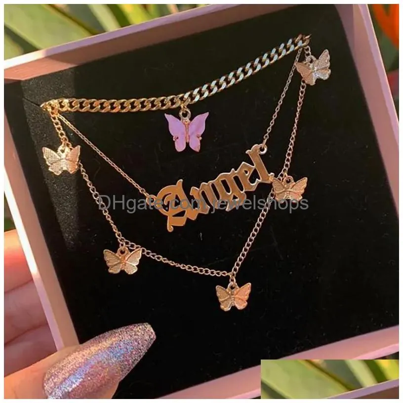 multi-layer necklaces for women butterfly letter angel pendant thick chain thin chain necklace