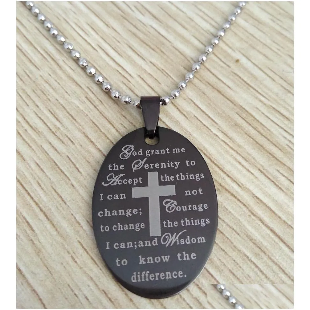20pcs english serenity prayer bible cross stainless steel pendant necklaces w/chains wholesale men`s fashion jesus religious jewelry