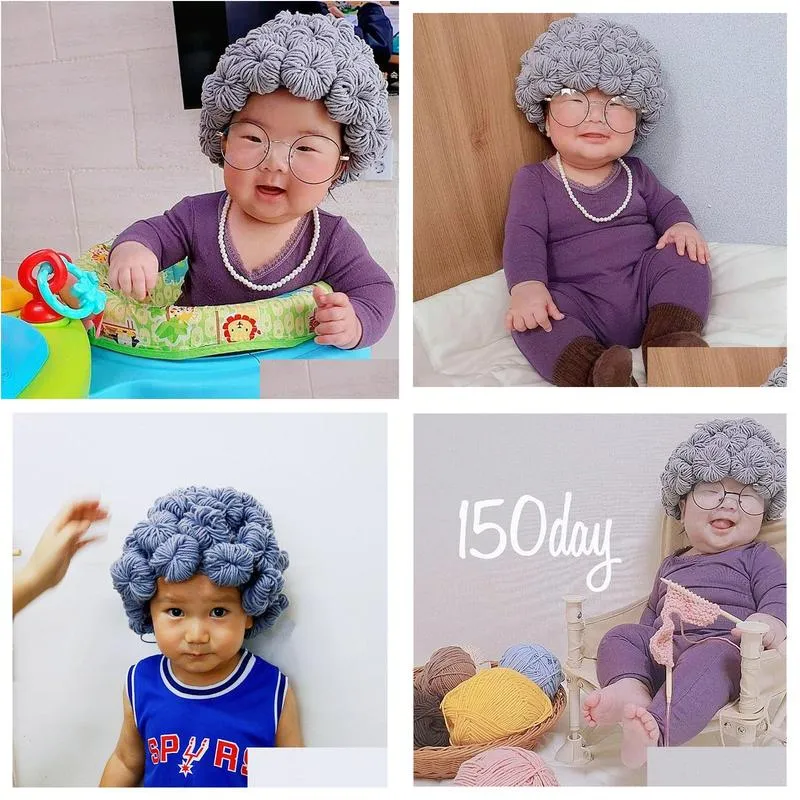 Keepsakes Topi Anak anak Perempuan Laki laki Lucu Wanita Tua Rambut Wig Beanie Benang Wol Rajutan Anak Bayi Fotografi Props  5T
