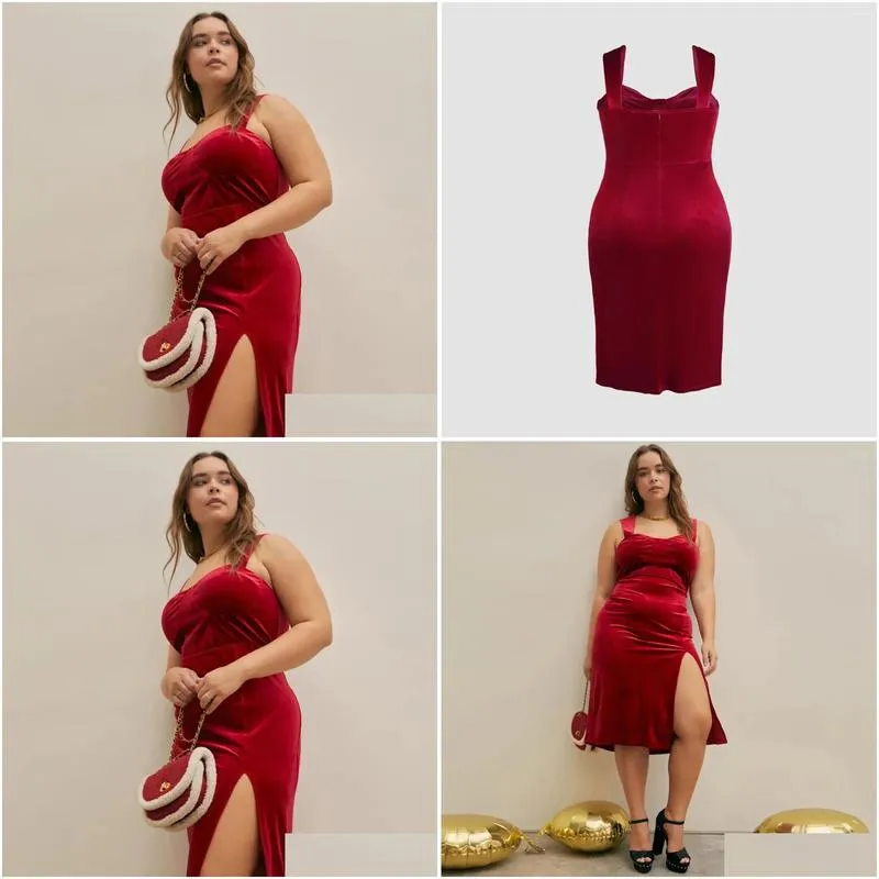 Plus Size Dresses Sexy Women Dress 2023 Fall Split Temperament Pure Color Velvet Halter Fashion Elegant Lady Party Evening